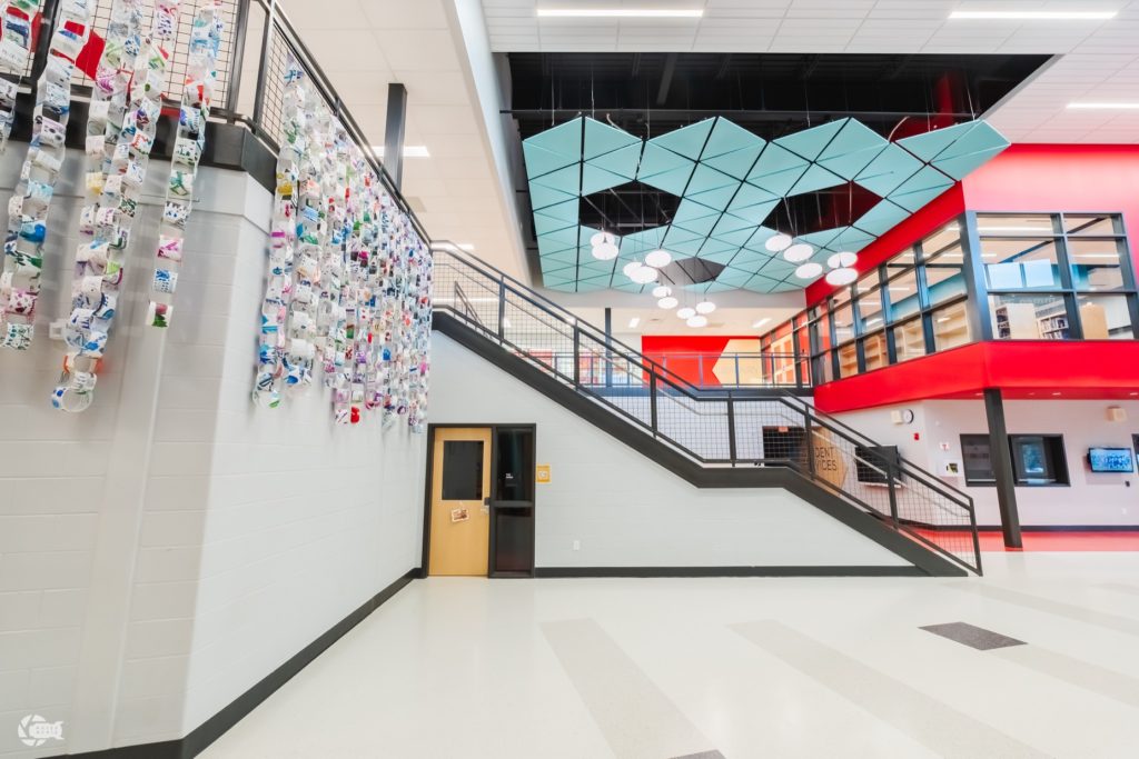 Interior of Chatham Elementary School showing the open stair and student services area