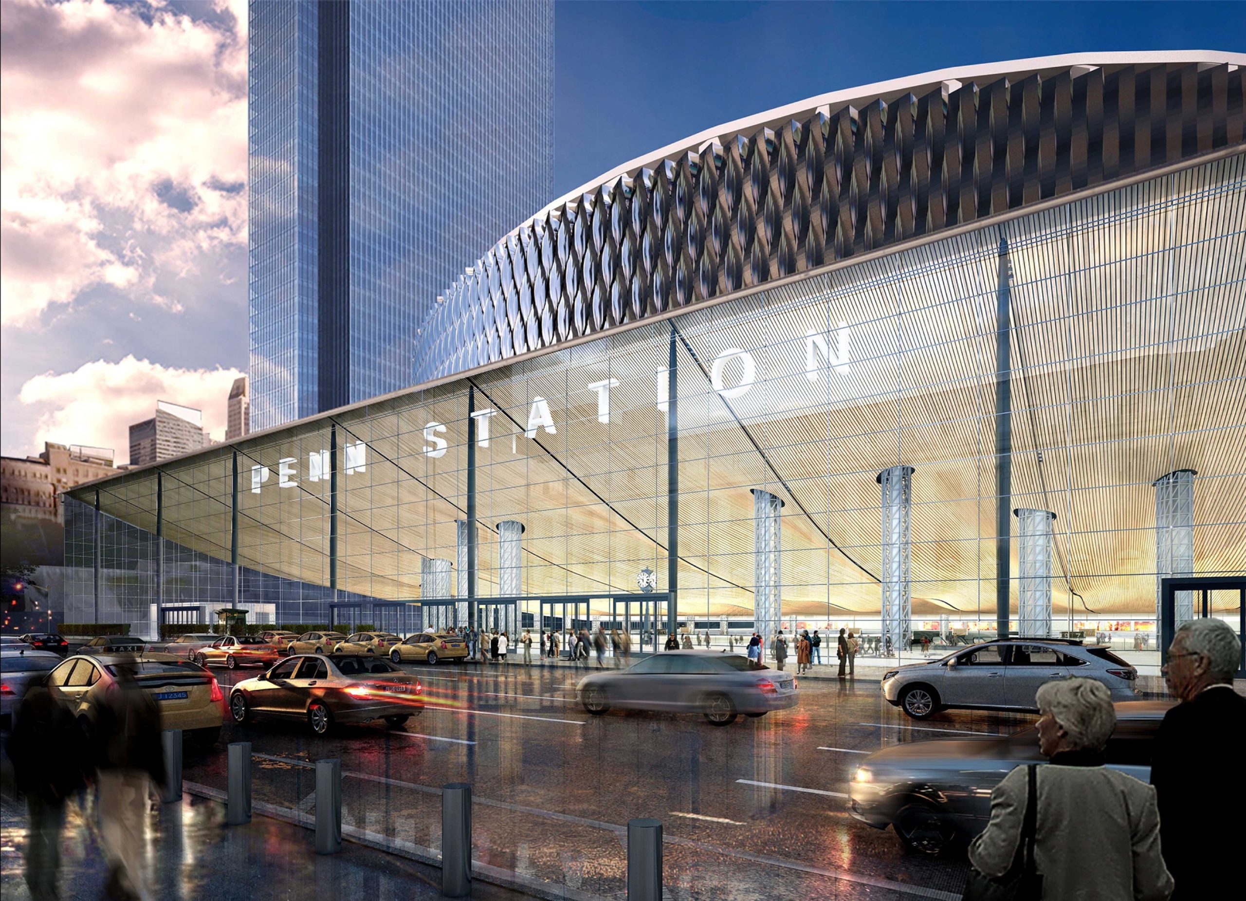 Rendering of the modernized New York Penn Station concourse at dusk