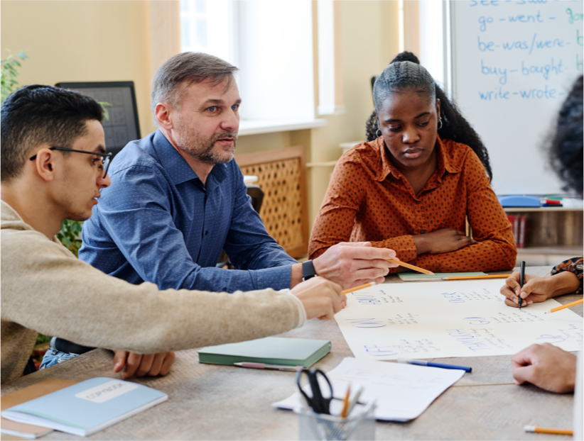 Project team collaborating around a schedule at a conference table